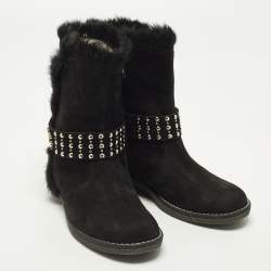 Pre Owned Roberto Cavalli Biker Size 36 Black Suede And Fur Ankle Length Boots