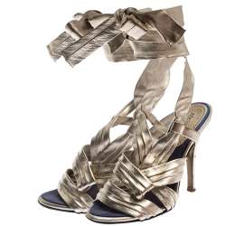 Roberto Cavalli Metallic Gold Leather Ankle Wrap Strappy Sandals Size 35.5