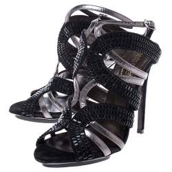 Pre Owned Roberto Cavalli Metallic Leather And Black Crystal Ankle Strap Sandals Size 37.5