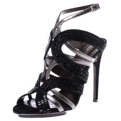 Pre Owned Roberto Cavalli Metallic Leather And Black Crystal Ankle Strap Sandals Size 37.5