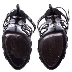 Pre Owned Roberto Cavalli Metallic Leather And Black Crystal Ankle Strap Sandals Size 37.5