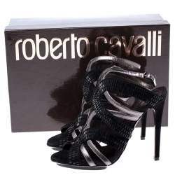 Pre Owned Roberto Cavalli Metallic Leather And Black Crystal Ankle Strap Sandals Size 37.5