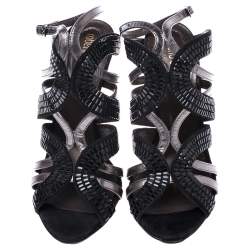Pre Owned Roberto Cavalli Metallic Leather And Black Crystal Ankle Strap Sandals Size 37.5