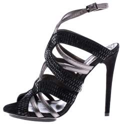 Pre Owned Roberto Cavalli Metallic Leather And Black Crystal Ankle Strap Sandals Size 37.5
