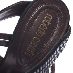 Pre Owned Roberto Cavalli Metallic Leather And Black Crystal Ankle Strap Sandals Size 37.5