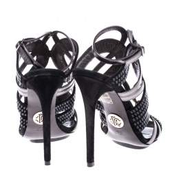 Pre Owned Roberto Cavalli Metallic Leather And Black Crystal Ankle Strap Sandals Size 37.5