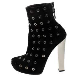 Roberto Cavalli Black Eyelet Suede Platform Ankle Boots Size 36.5