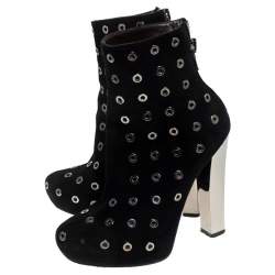 Roberto Cavalli Black Eyelet Suede Platform Ankle Boots Size 36.5