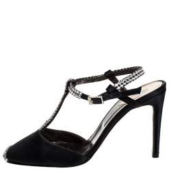 Pre Owned Roberto Cavalli Black Satin Crystal Embellished T-Bar Ankle Strap Sandals Size 38