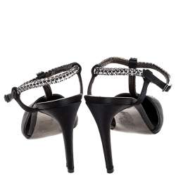 Pre Owned Roberto Cavalli Black Satin Crystal Embellished T-Bar Ankle Strap Sandals Size 38