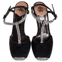 Pre Owned Roberto Cavalli Black Satin Crystal Embellished T-Bar Ankle Strap Sandals Size 38