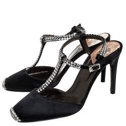Pre Owned Roberto Cavalli Black Satin Crystal Embellished T-Bar Ankle Strap Sandals Size 38
