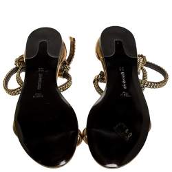 Pre Owned Roberto Cavalli Bronze Leather Crystal Embellished Ankle Strap Flat Sandals Size 38