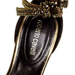 Pre Owned Roberto Cavalli Bronze Leather Crystal Embellished Ankle Strap Flat Sandals Size 38