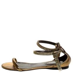 Pre Owned Roberto Cavalli Bronze Leather Crystal Embellished Ankle Strap Flat Sandals Size 38