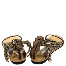 Pre Owned Roberto Cavalli Bronze Leather Crystal Embellished Ankle Strap Flat Sandals Size 38