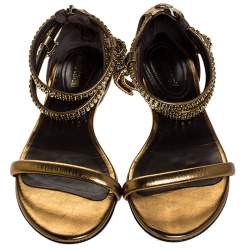 Pre Owned Roberto Cavalli Bronze Leather Crystal Embellished Ankle Strap Flat Sandals Size 38