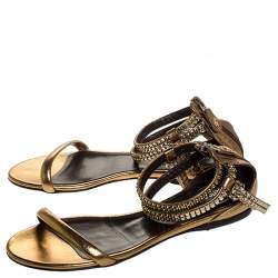 Pre Owned Roberto Cavalli Bronze Leather Crystal Embellished Ankle Strap Flat Sandals Size 38