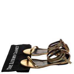 Pre Owned Roberto Cavalli Bronze Leather Crystal Embellished Ankle Strap Flat Sandals Size 38
