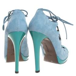 Roberto Cavalli Blue Nubuck And Patent Lace Up Platform Pumps Size 39
