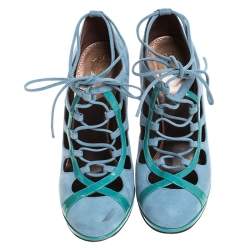 Roberto Cavalli Blue Nubuck And Patent Lace Up Platform Pumps Size 39