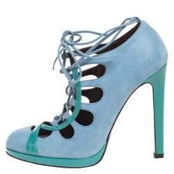Roberto Cavalli Blue Nubuck And Patent Lace Up Platform Pumps Size 39