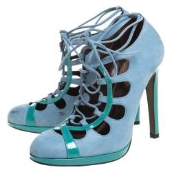 Roberto Cavalli Blue Nubuck And Patent Lace Up Platform Pumps Size 39