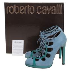 Roberto Cavalli Blue Nubuck And Patent Lace Up Platform Pumps Size 39