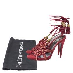 Pre Owned Roberto Cavalli Red Woven Fabric Gladiator Ankle Wrap Sandals Size 40