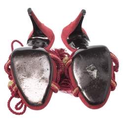 Pre Owned Roberto Cavalli Red Woven Fabric Gladiator Ankle Wrap Sandals Size 40