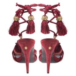 Pre Owned Roberto Cavalli Red Woven Fabric Gladiator Ankle Wrap Sandals Size 40