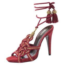 Pre Owned Roberto Cavalli Red Woven Fabric Gladiator Ankle Wrap Sandals Size 40