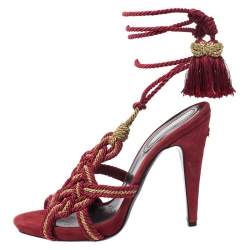 Pre Owned Roberto Cavalli Red Woven Fabric Gladiator Ankle Wrap Sandals Size 40