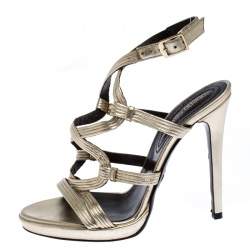 Pre Owned Roberto Cavalli Gold Leather Strappy Platform Sandals Size 37