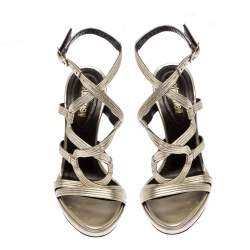 Pre Owned Roberto Cavalli Gold Leather Strappy Platform Sandals Size 37
