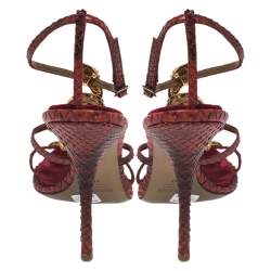مملوكة مسبقًا Roberto Cavalli Red Python and Velvet Snake Embellished Ankle Strap Sandals Size 41 