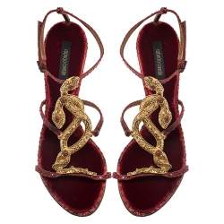 مملوكة مسبقًا Roberto Cavalli Red Python and Velvet Snake Embellished Ankle Strap Sandals Size 41 