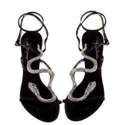 مملوكة مسبقًا Roberto Cavalli Black Satin Snake Embellished Sandals Size 41