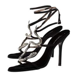 مملوكة مسبقًا Roberto Cavalli Black Satin Snake Embellished Sandals Size 41