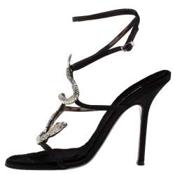 مملوكة مسبقًا Roberto Cavalli Black Satin Snake Embellished Sandals Size 41