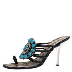 Pre Owned Roberto Cavalli Black Leather Turquoise Stone Embellished Slide Toe Ring Sandals Size 39