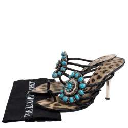 مملوكة مسبقًا Roberto Cavalli Black Leather Turquoise Stone Embellished Slide Toe Ring Sandals Size 39