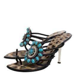 مملوكة مسبقًا Roberto Cavalli Black Leather Turquoise Stone Embellished Slide Toe Ring Sandals Size 39