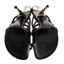 مملوكة مسبقًا Roberto Cavalli Black Leather Turquoise Stone Embellished Slide Toe Ring Sandals Size 39