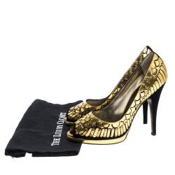 Roberto Cavalli Gold/Black Suede Leather Fish Scale Peep Toe Platform Pumps Size 40