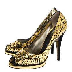 Roberto Cavalli Gold/Black Suede Leather Fish Scale Peep Toe Platform Pumps Size 40