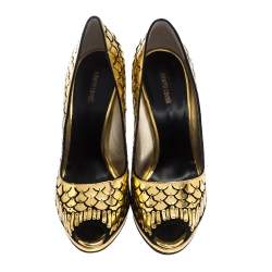Roberto Cavalli Gold/Black Suede Leather Fish Scale Peep Toe Platform Pumps Size 40