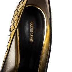 Roberto Cavalli Gold/Black Suede Leather Fish Scale Peep Toe Platform Pumps Size 40