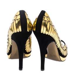 Roberto Cavalli Gold/Black Suede Leather Fish Scale Peep Toe Platform Pumps Size 40