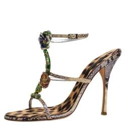 Pre Owned Roberto Cavalli Multicolor Python Metal Snake And Orchid Embellished Slingback Sandals Size 41